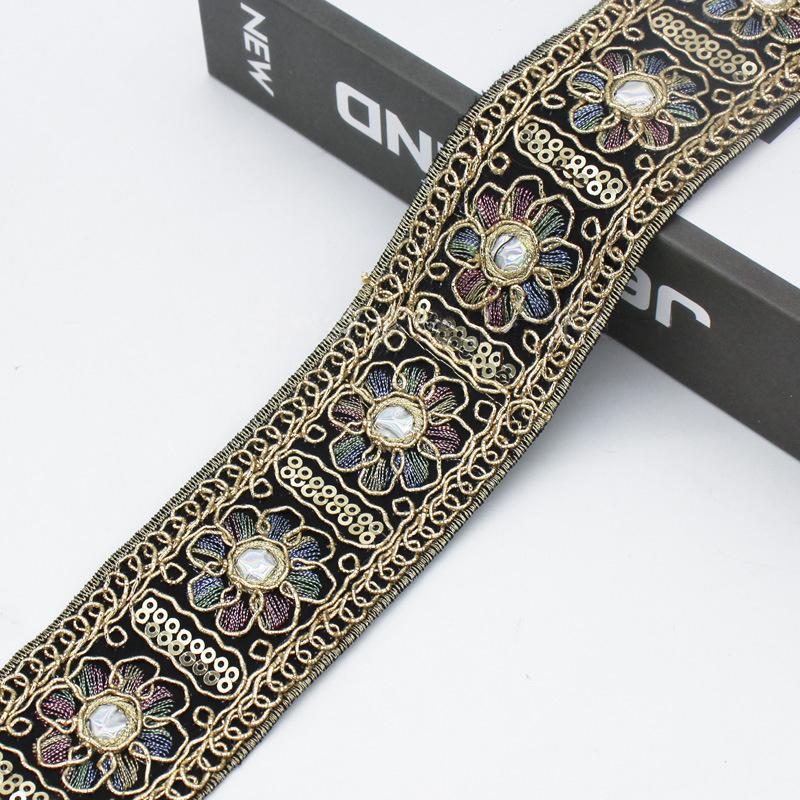 5yards Ethnic Gold Thread Sequins Lace Trims DIY Sewing Hanfu Dress Decoration Embroidered Fabric Garment Trimming Ribbon