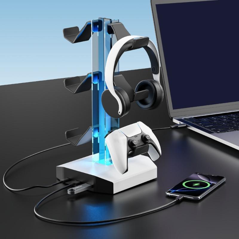 Universal Gaming Holder For Multiple Controllers And Sound Equipment Including Power Hubs