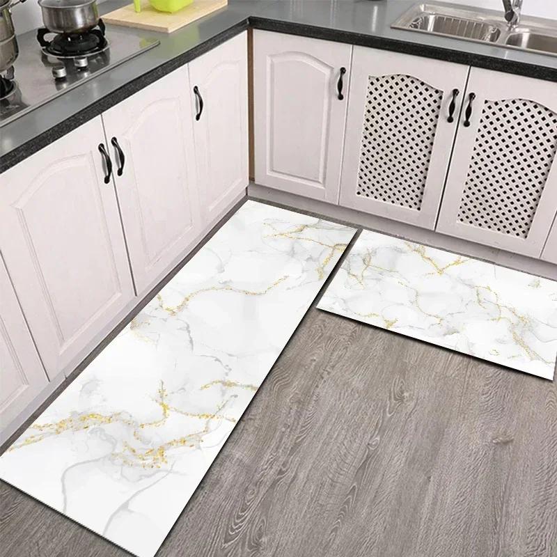 Kitchen Carpet Waterproof PVC Floor Mat Marble Pattern Leather Mats Modern Rug Anti-Slip Long Strip Area Rug Home Decor Rugs