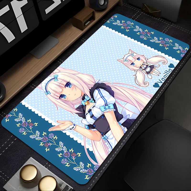 Gaming Mouse Pad Large Desk Mat Antislip Stitched Edges Cat Girl Anime Print Purple Floral Waterproof Mat for Home Use