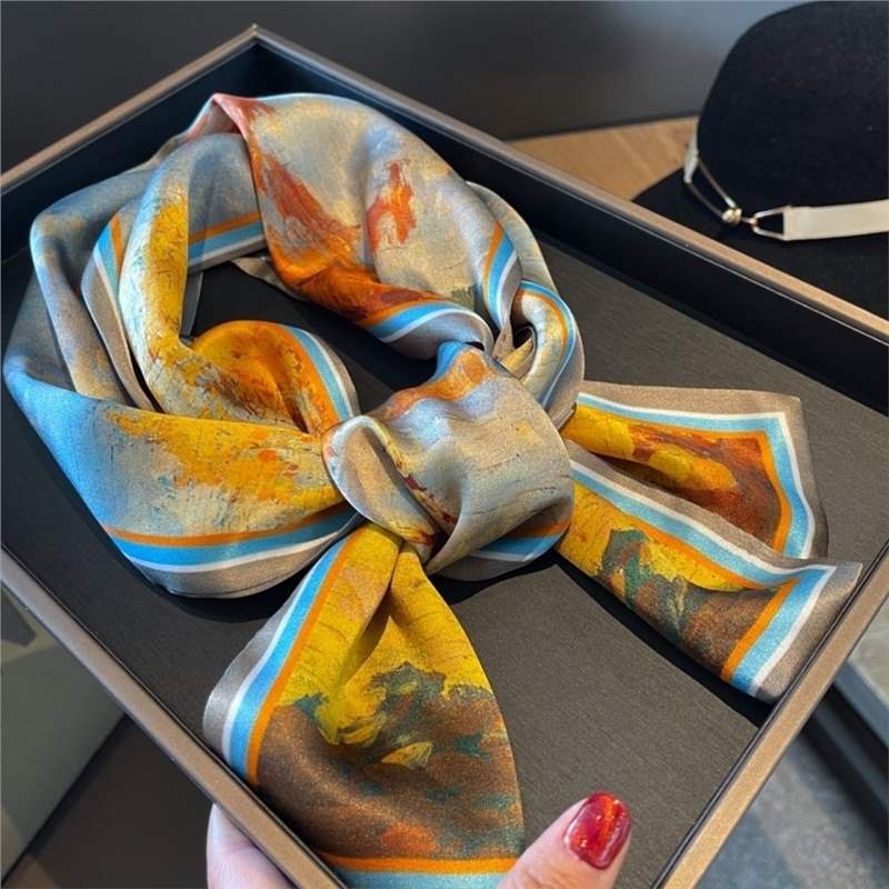 100% mulberry silk satin 15 * 145 gold birch forest scarf women s summer double-sided long silk scarf Standard