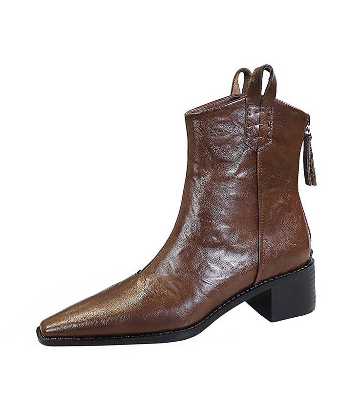 578-10 Retro Hand-Scratched Women's Ankle Boots, European & American Style, Winter Chunky Mid-Heel, Pointed Toe Short Knight Boots