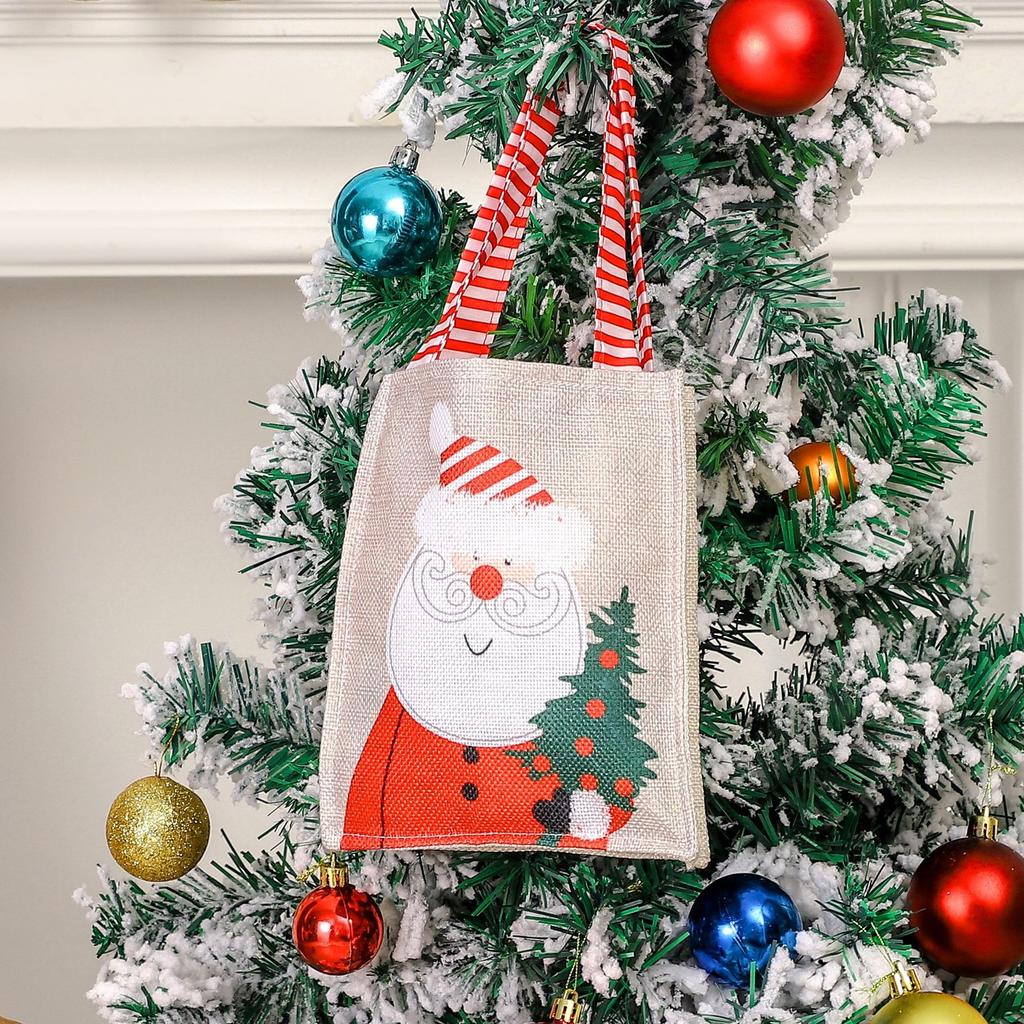 Christmas Candy Apple Pouch Santa Snowman Print Gift Bag Natural Jute Fabric Reusable Holiday Party Favor Storage