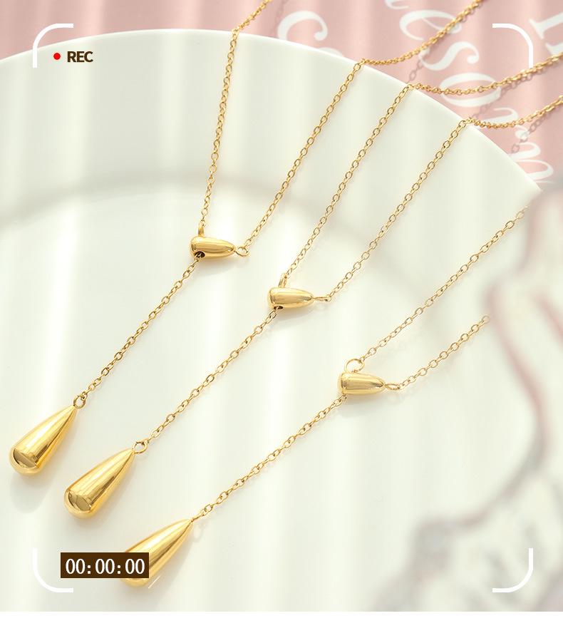 Non-Fading Minimalist Geometric Metal Teardrop Tassel Titanium Steel Necklace for Women (P332)