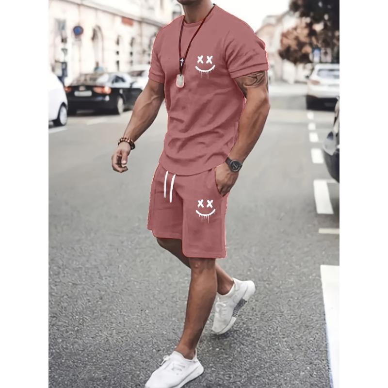 2-piece Men's Summer Casual Eyelash Print Set, Round Neck Short Sleeved T-shirt and Drawstring Shorts