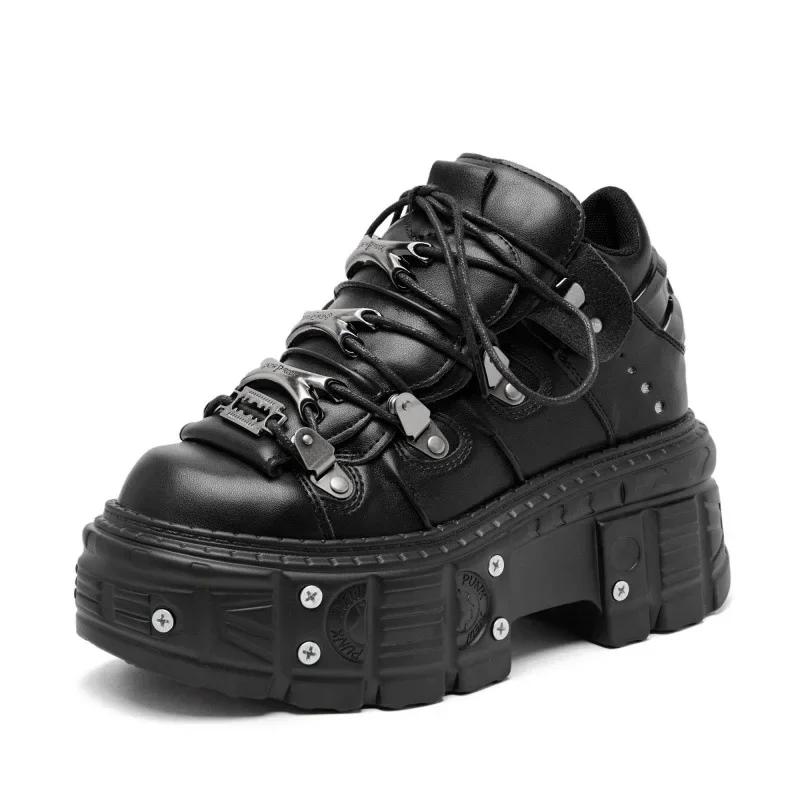 Fashion Punk Style Women Black Shoes Rock Metal Decor Lace-up Heel Height Platform Shoes Gothic Man Sneakers Women Ankle Boots New