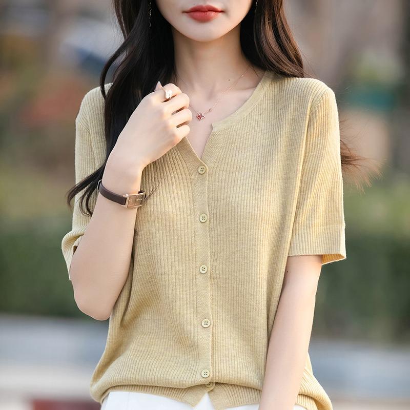 Damen Frühling und Sommer Neu Dünn Kurzarm Kammgarn Weich Strick Cardigan T-Shirt Offener Kragen Kleine Bluse