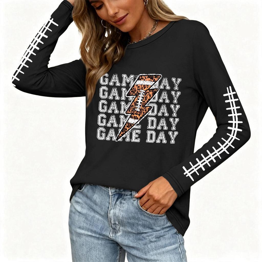 Women's Fashion Long Sleeve Neck Top with Rugby Print and Split Hem
