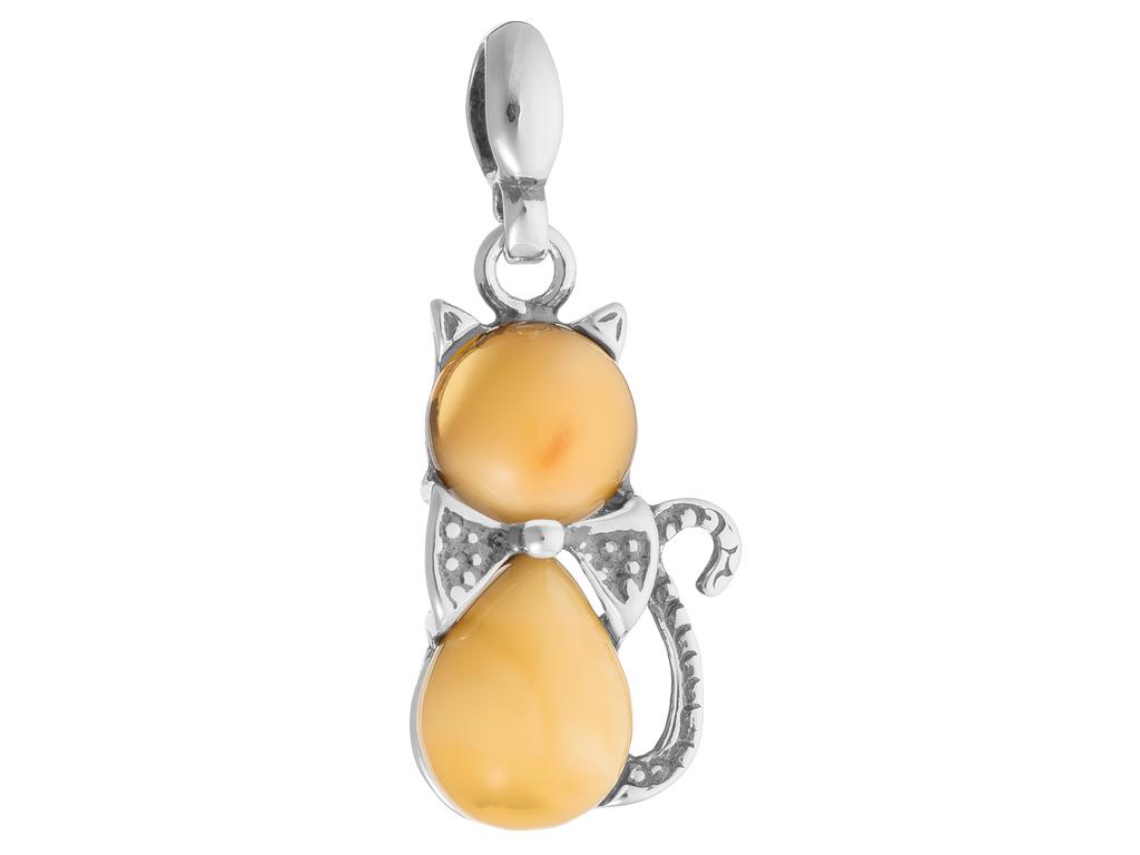 Short Silver Women's Necklace Cat With Milk Amber Kitten Choker 32Cm