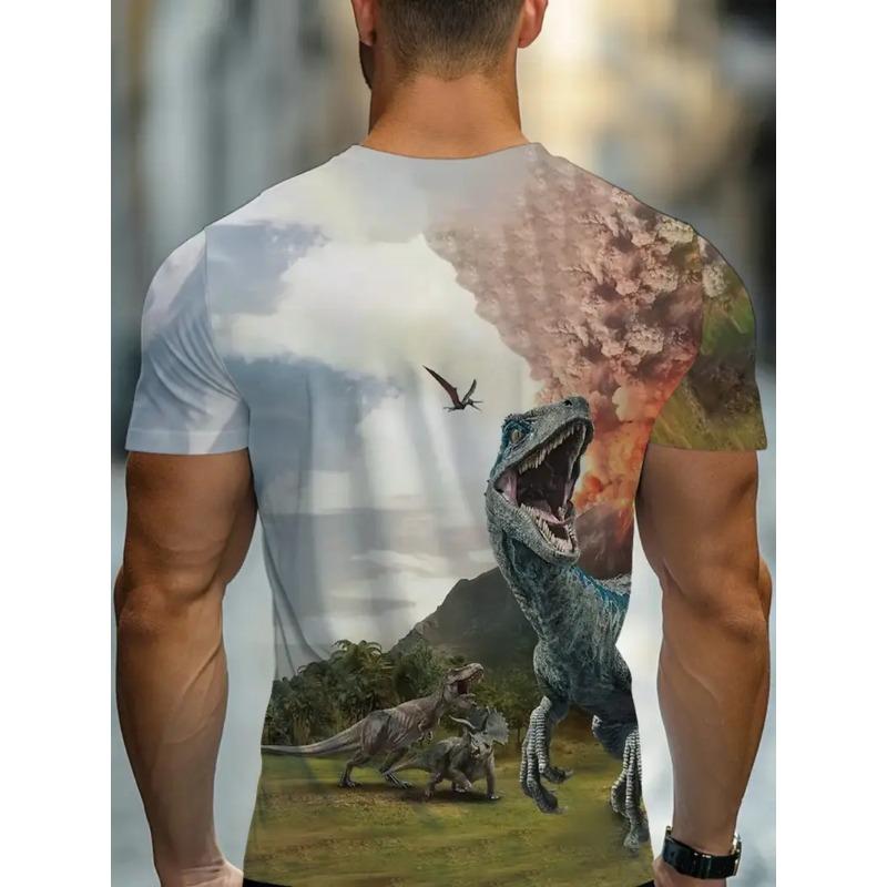 Men's 3D Dinosaur Printed T-shirt Casual Short Sleeved Round Neck Breathable Polyester Fabric Summer Style