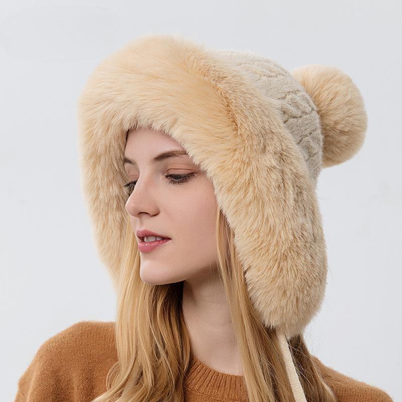Autumn and Winter Women's Pullover Hat Three Hairballs Outdoor Thickened Velvet Cold-proof Warm Solid Color Knitted Hat