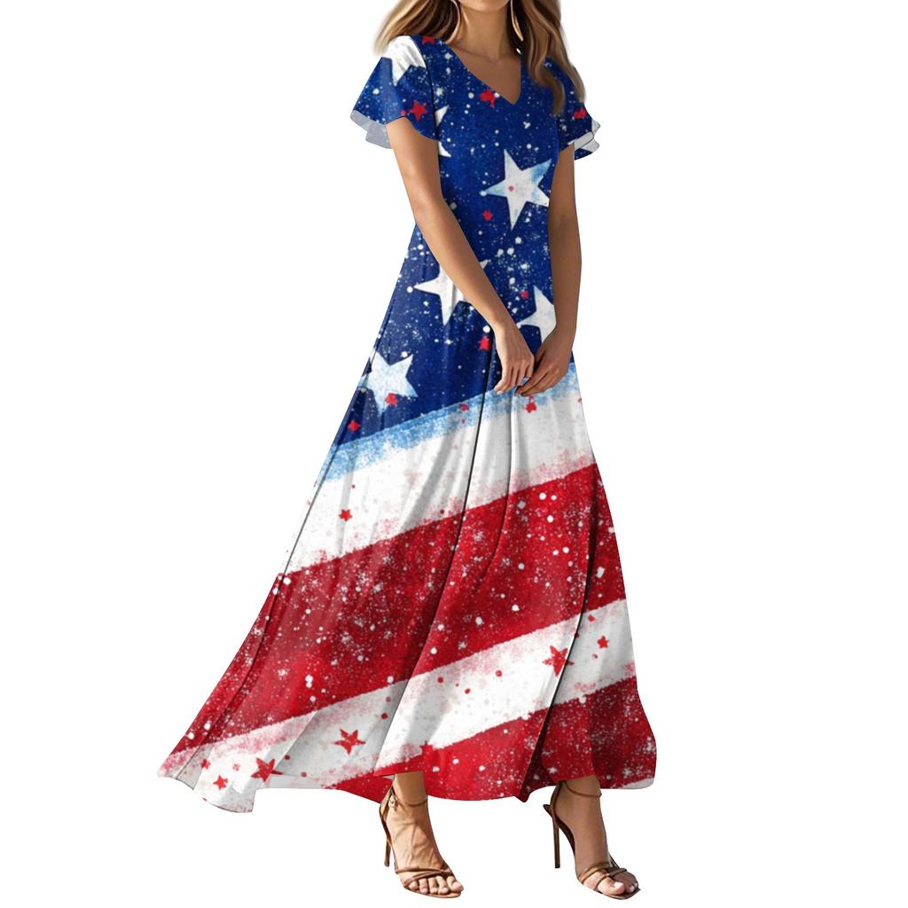 Women's Summer Casual Fashion Independence Day Printed Dresses V-Neck Short Sleeve Dresses