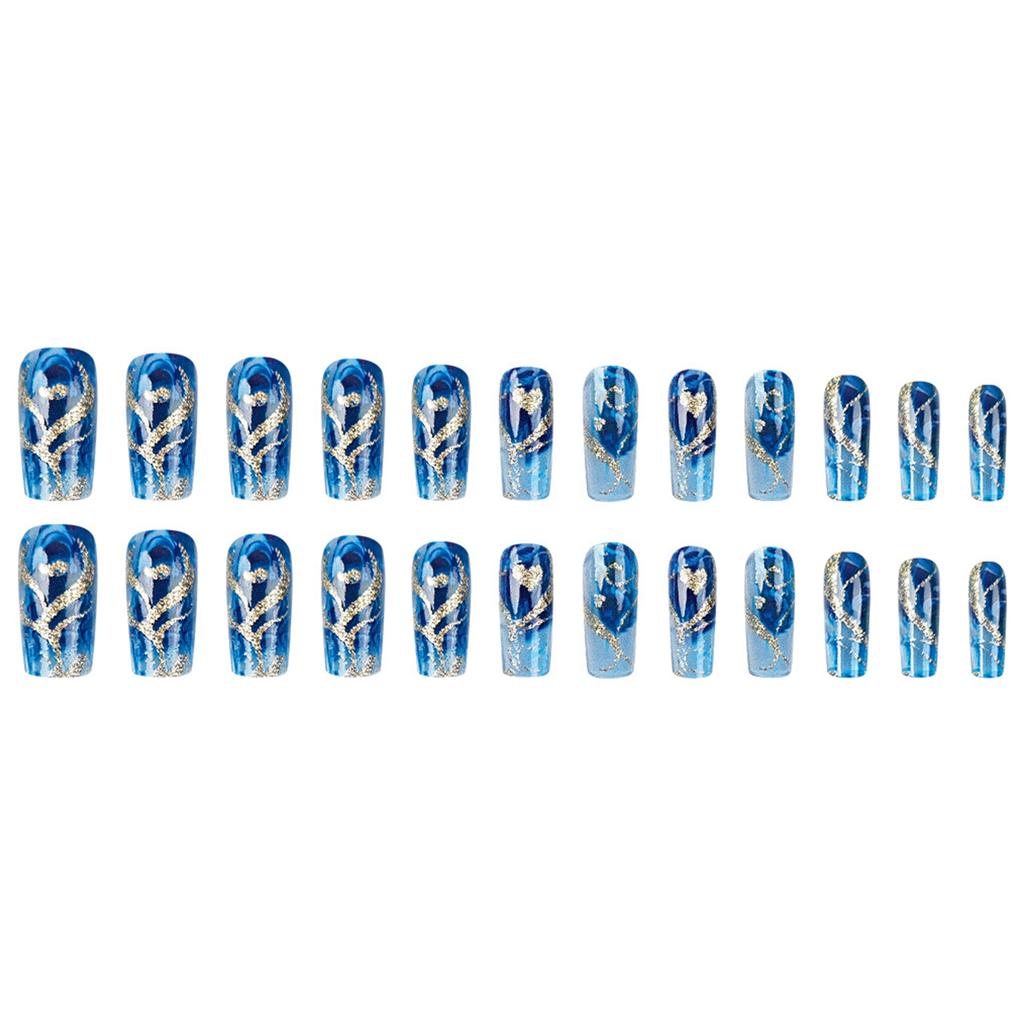 24 Stück Lange Sarg-Pressnägel Goldglitzer Herzdesign Falschnagel Blau Blühende Nagelkunst für Frauen und Mädchen