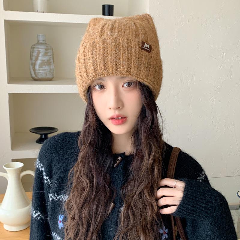 Sweet and Cute Cat Ear Knitted Wool Hat for Women In Autumn and Winter Versatile Big Head Surround Brim Hat Casual Warm Hat Trendy