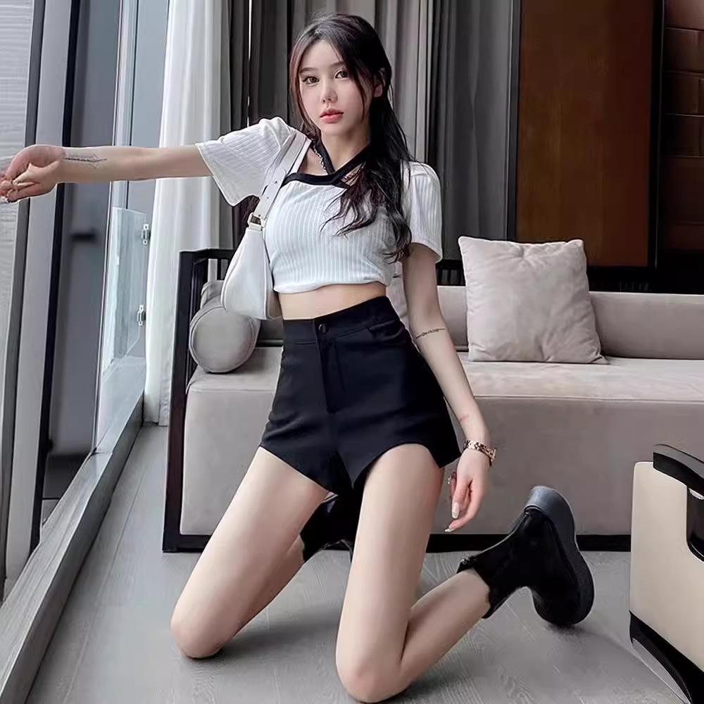2025 Summer High-Waist Irregular Design Black A-Line Women's Casual Shorts