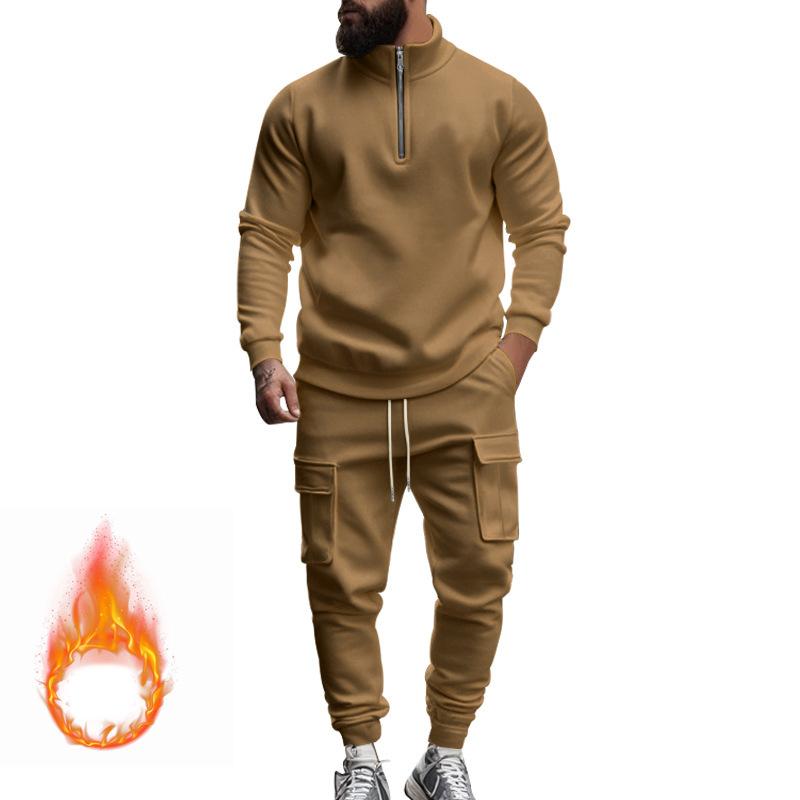 Autumn and Winter Men's New American Men's Casual Velvet Thermal Zipper Men's Sports Trousers Set