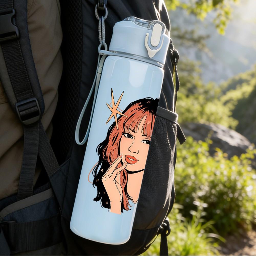 1PC Long Hair Girl Portrait Art Print 750ml Color Plastic Sports Water Bottle Leakproof Flip Straw Lid Suitable for Sports Office Home Use