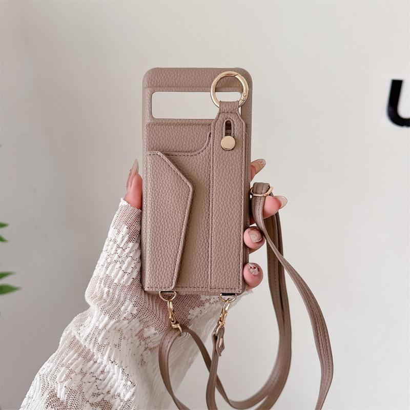 For Google Pixel 8 9 10 Pro XL Case PU Leather Wristlet Card Bag Grip Strap Shoulder Long Crossbody Lanyard Ring Clasp Cover