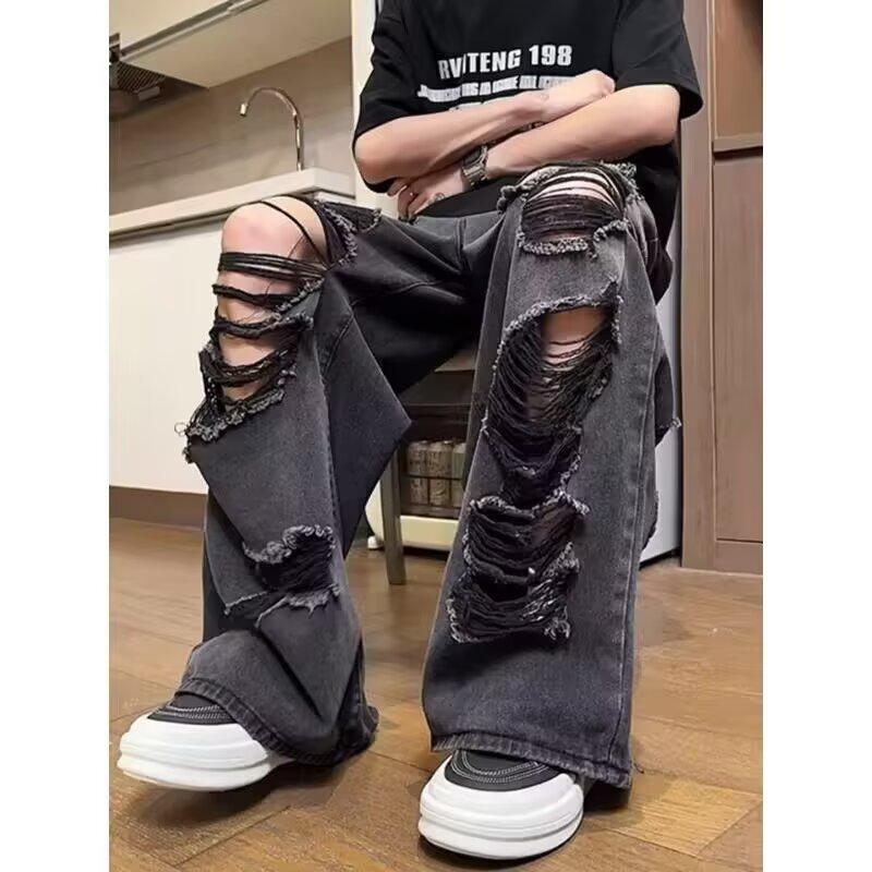 Jeans de diseño americano rasgado para hombre marca retro trendy de alta calle pantalones de pierna ancha de barrido pantalones finos de verano
