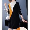 Korean Half Turtleneck Knitted Dress for Women Loose Mid-length Pullover Patchwork Sweater Dress Casual Knitwear