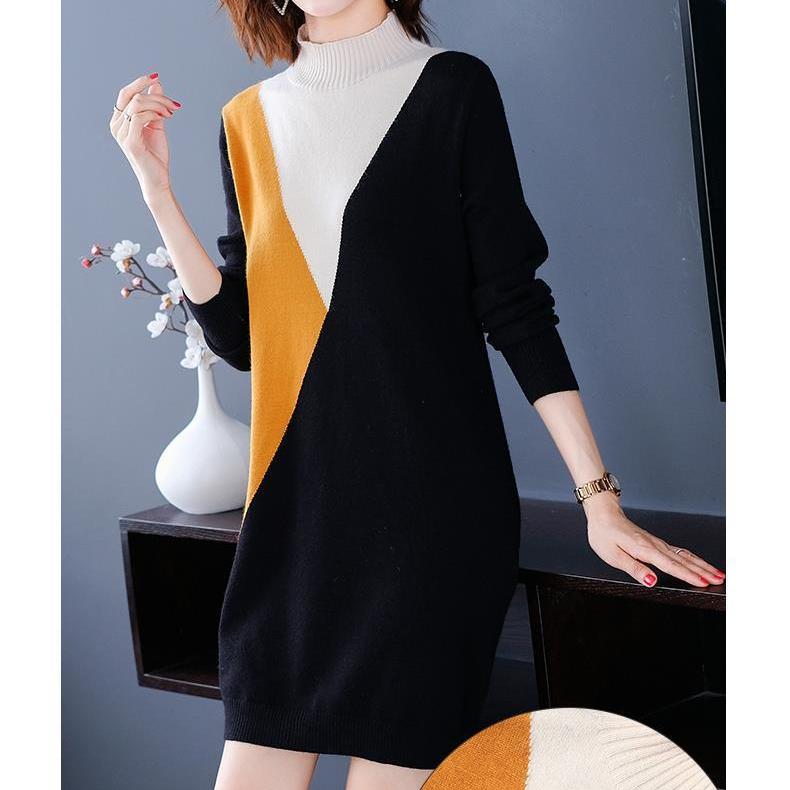 Korean Half Turtleneck Knitted Dress for Women Loose Mid-length Pullover Patchwork Sweater Dress Casual Knitwear