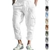 Autumn Cotton-Linen Casual Cuffed Multi-Pocket Drawstring Plain Colour Oversized Relaxed Fit Trousers
