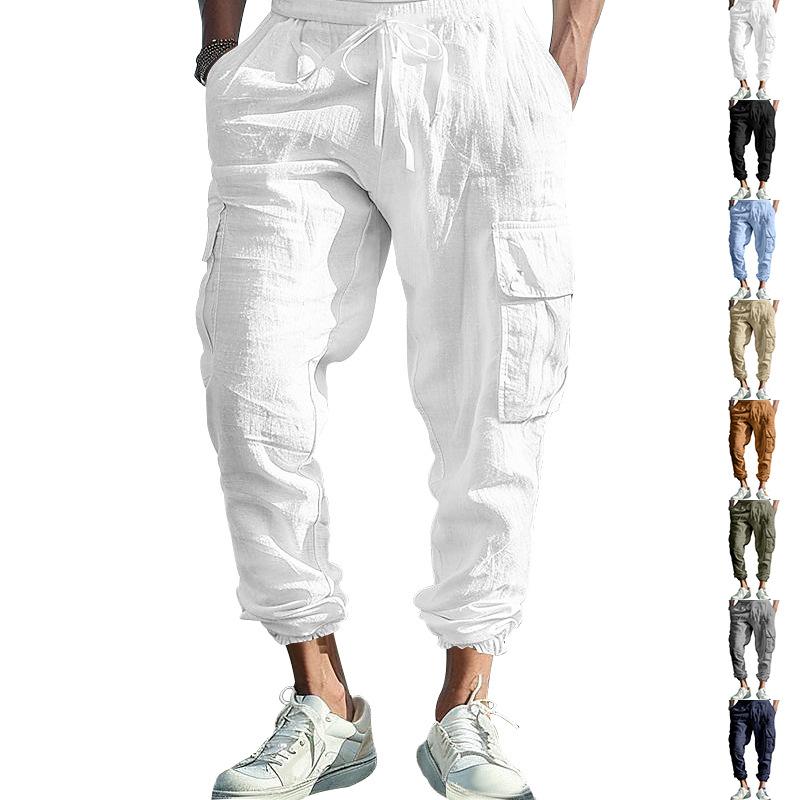 Autumn Cotton-Linen Casual Cuffed Multi-Pocket Drawstring Plain Colour Oversized Relaxed Fit Trousers S белый