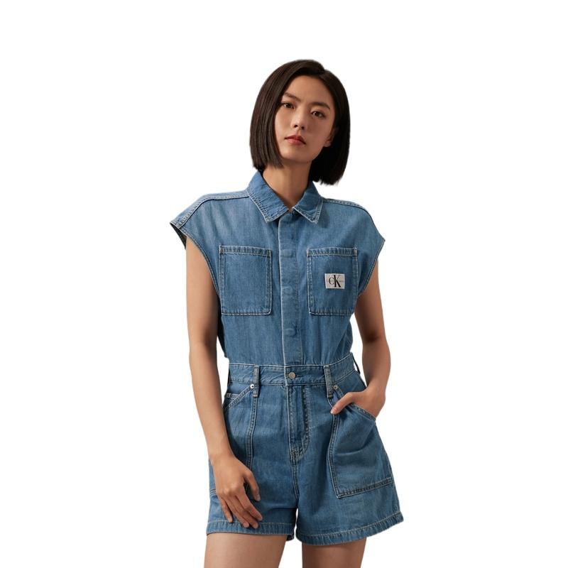 Calvin Klein Retro Style Waistless Sleeveless Denim Jumpsuit Women Jumpsuits Light-Blue J223960