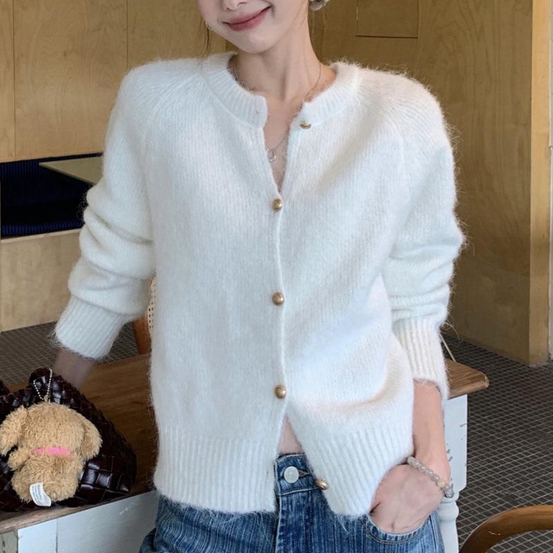 2025 Autumn/Winter Korean Style Soft & Fluffy Knit Cardigan with Gold Buckle and Round Neck for Women