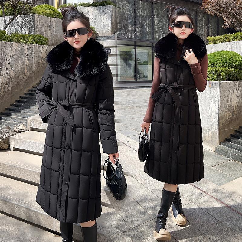 New fur collar long cotton-padded clothes for women with waist and thin thickened warm cotton-padded jacket with removable sleeves and large-size j