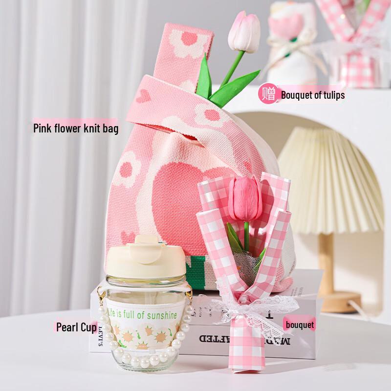 Pearl Glass Cup and Flower Bouquet Gift Set
