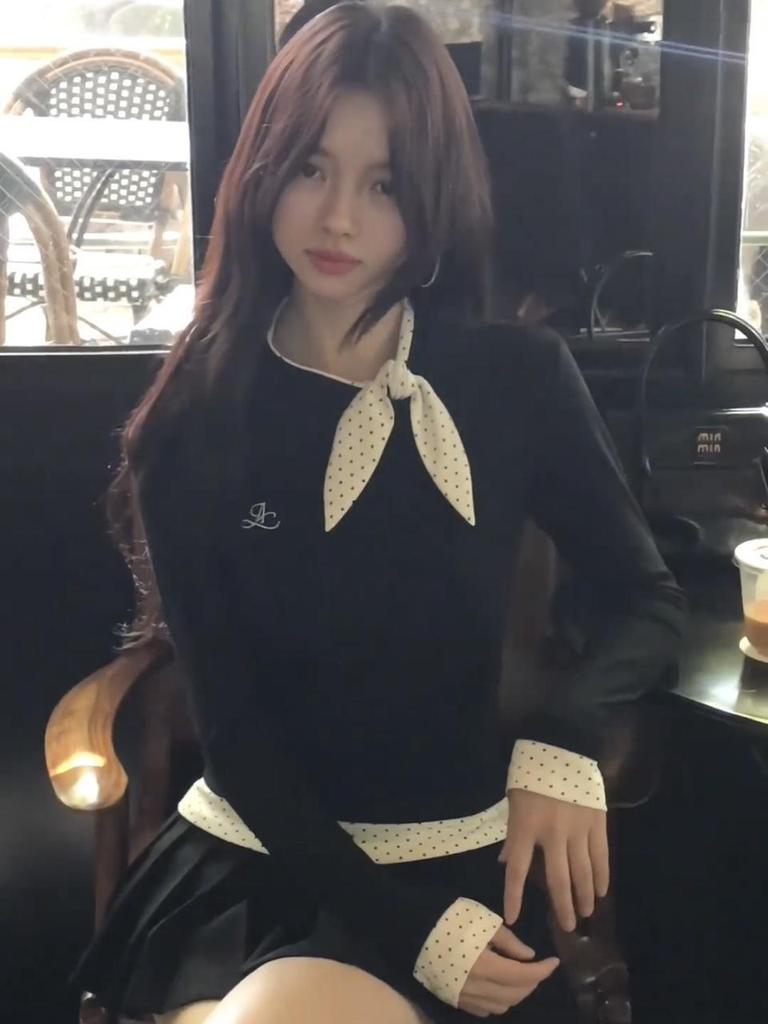 Plush Korean Bow Polka Dot Two-Piece Long Sleeve Women's Slimming Autumn T-shirt