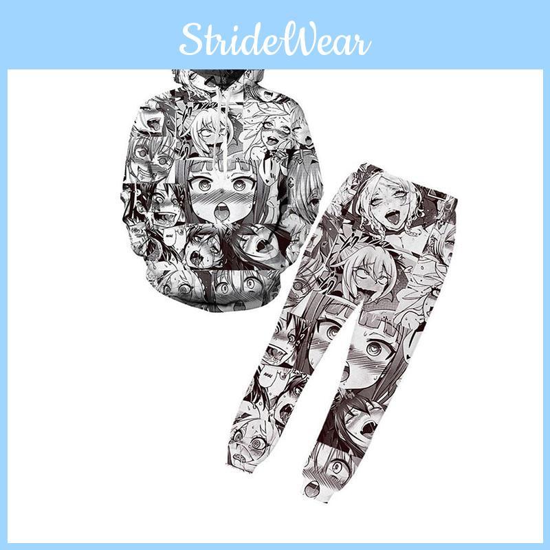 Ahegao Anime Face Hoodie And Pants Creative 3d Printed Jogger Suit For Men And Women