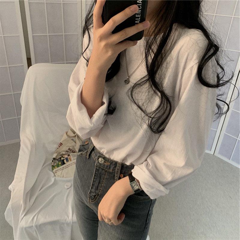 2023 Korean Style Women's Solid Color Long Sleeve T-shirt - Loose Fit, All-Match, for Spring & Autumn