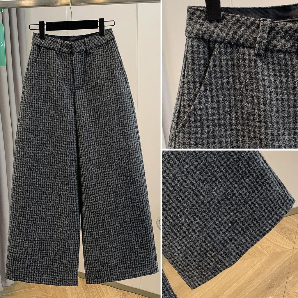 Women's Retro Houndstooth Wool Wide-Leg Pants: Thick, Plus-Size, Elastic High Waist - Winter Casual Versatile Straight Style