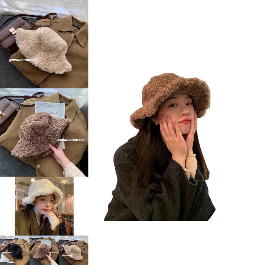 Fashionable Thickened Lamb Wool Fisherman Hat For Women Winter Warm Ear Protection Plush Bucket Hat