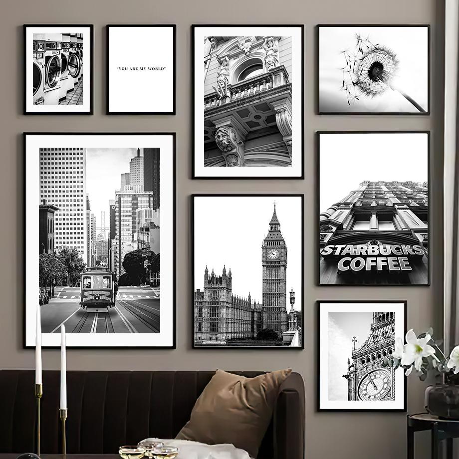 Modern London City Landmark Landscape Wall Art Canvas Painting Black White Poster Big Ben Bus Dandelion Pictures Home Room Decor