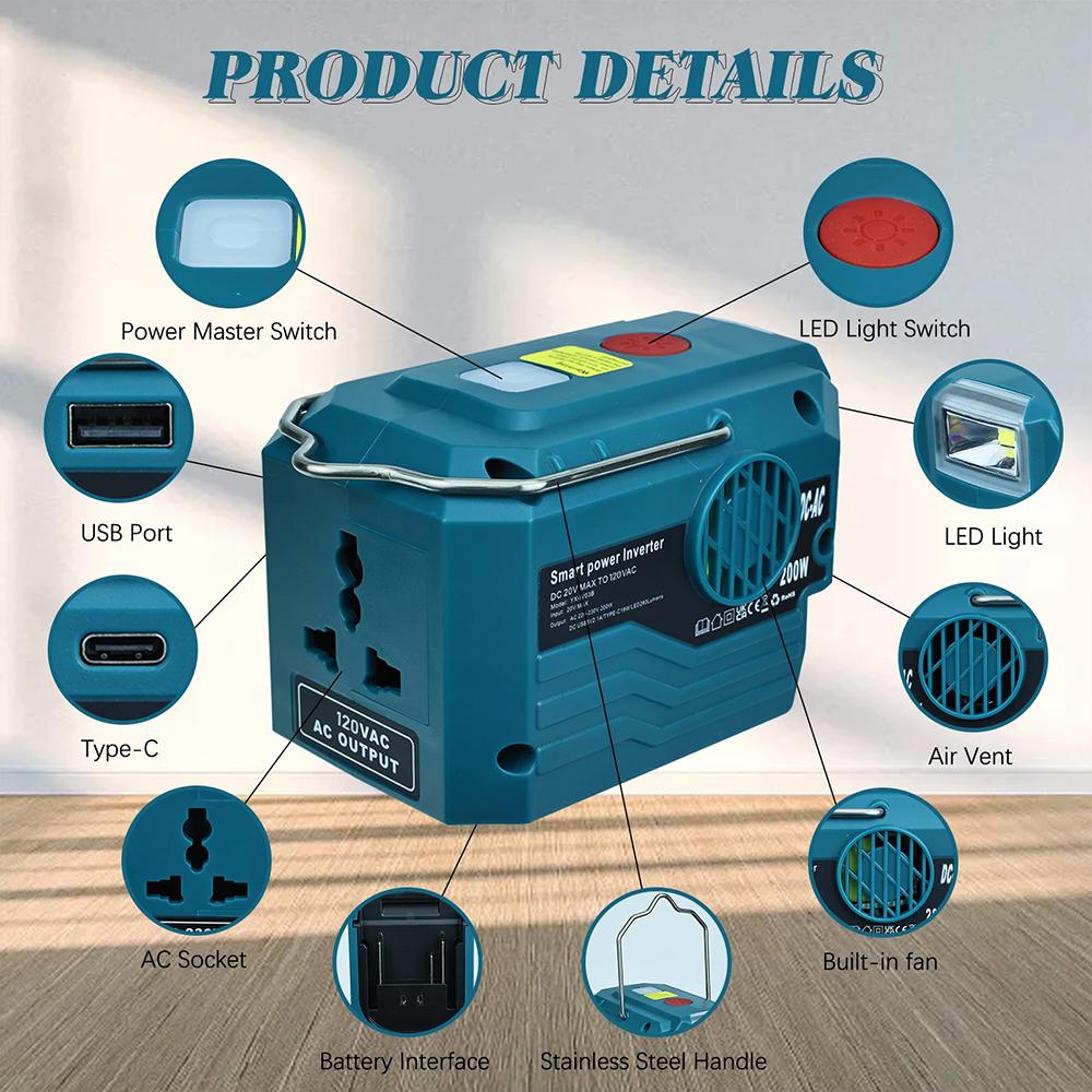 New Upgrade Portable Power Inverter 120-220V Outdoor Mobile Lithium Battery Inverter For Makita/DeWalt/ 18V 20V Battery