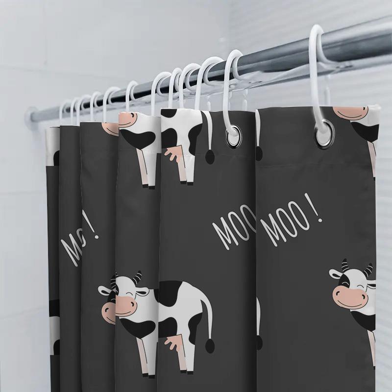 Adorable Cow Print Shower Curtain With Hook Rings For Bathroom Decor Black White Design 72 Inches Long (180Cm)