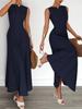 2026 Summer Women's Sleeveless Round Neck Pleated Long Dress - Elegant European and American Style