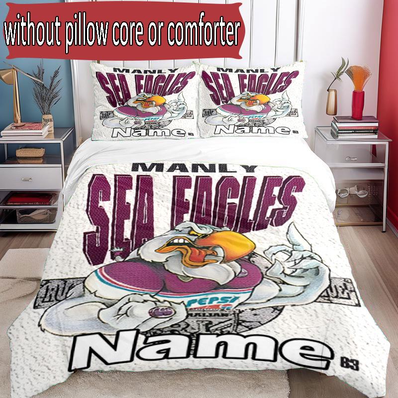 3pcs Duvet Cover Set (1*Duvet Cover + 2*Pillowcase, Without Core), Custom Name Manly Warringah Sea Eagles Pattern Bedding Set, Home Bedroom Decor Gift