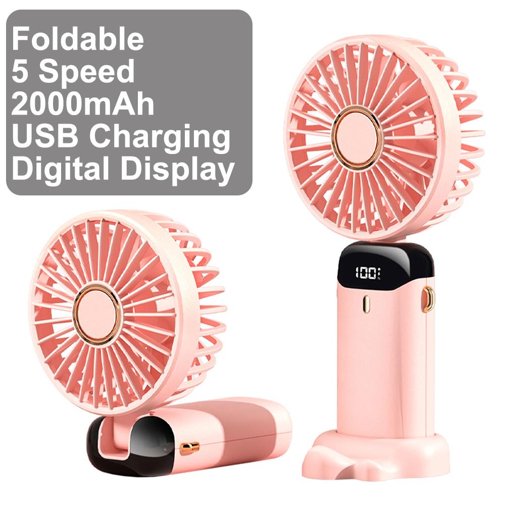 Handheld Mini Fan Foldable Portable Neck Hanging Fans 3000mAh 5 Speed USB Rechargeable Fan with Phone Stand and Display Screen