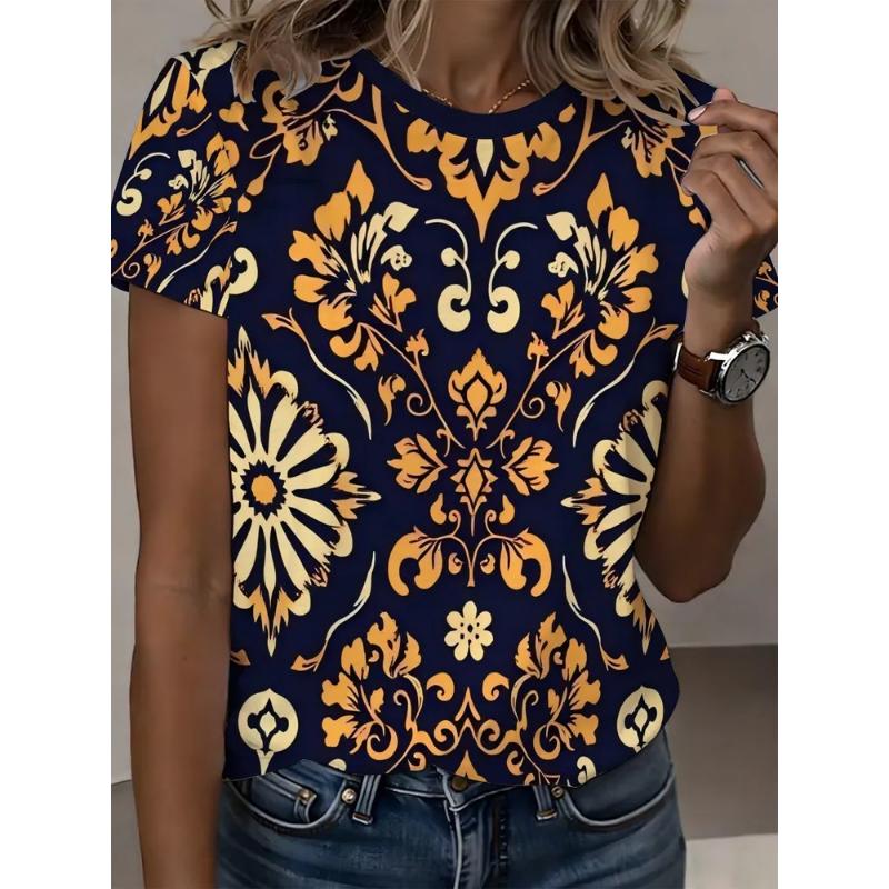 Moda Donna Girocollo Manica Corta Stampa Floreale 3D T-shirt a Manica Corta Girocollo con Fiori Colorati