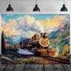 Nostalgic Steam Train Tapestry, Dramatic Scene of a Vintage Locomotive Traveling Through a Majestic Mountain Landscape, Classic Railroad Wall Art