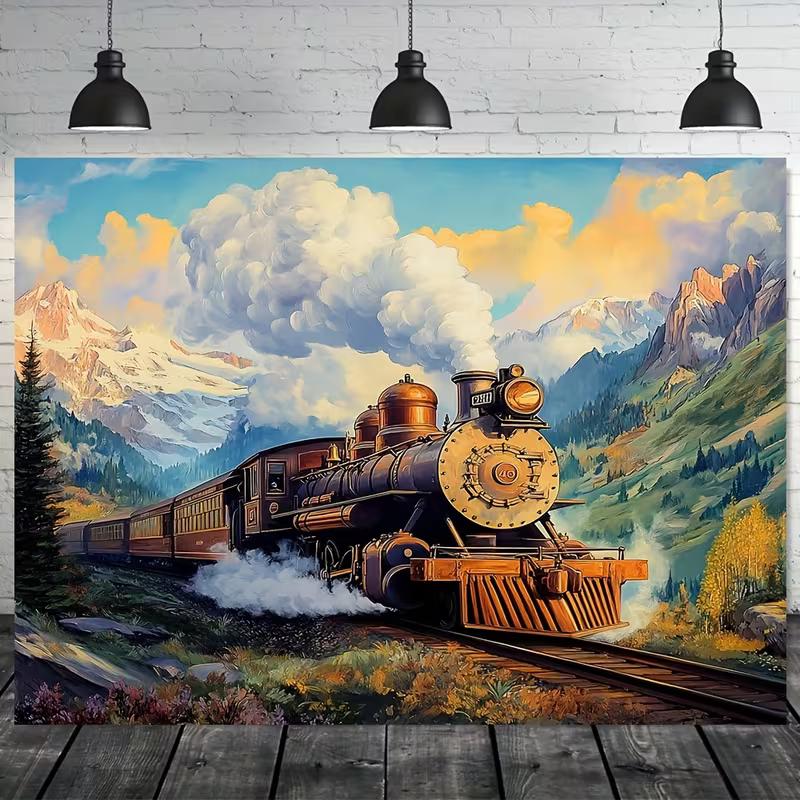 Nostalgic Steam Train Tapestry, Dramatic Scene of a Vintage Locomotive Traveling Through a Majestic Mountain Landscape, Classic Railroad Wall Art