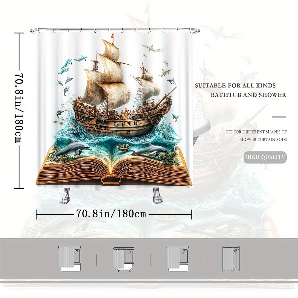 1pc Magical Storybook Art Shower Curtain - Open Book with Wooden Ship, Turbulent Waters, Polyester Woven