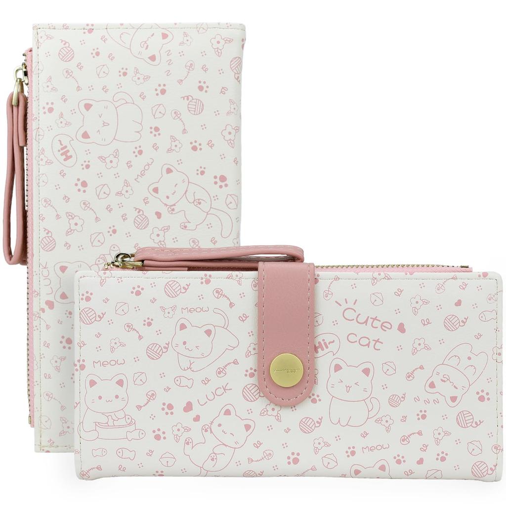 Farcauo Damen Bifold Geldbörse, Beliebt und Niedlich, Kompakte Rosa Katze Muster Geldbörse mit Münzfach für Mädchen