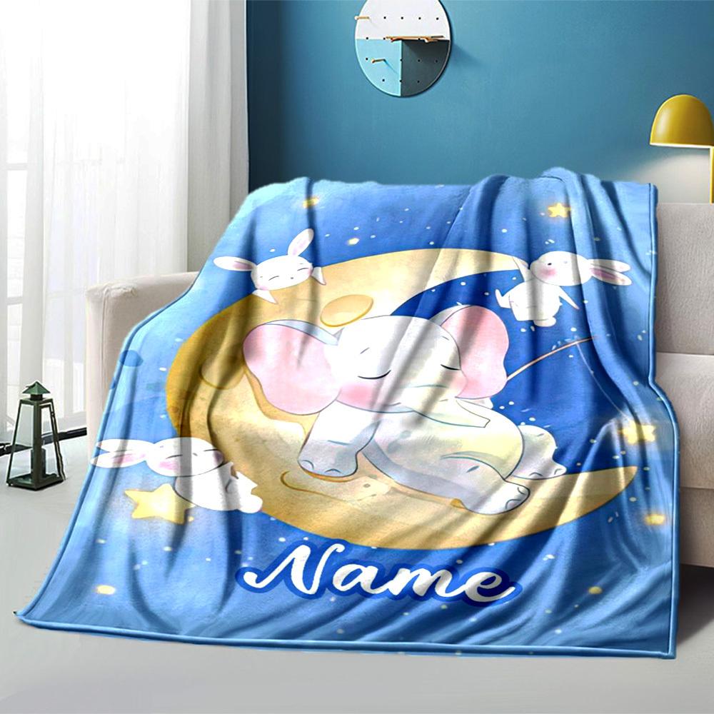 Cute Elephant And Bunny On Moon Personalized Home Customize Your Name Blankets Cozy Soft Lightweight Allseason Multipurpose Blanket For Picnics Sofas