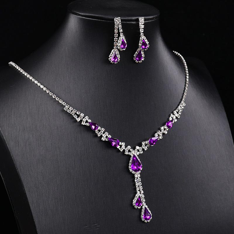 Jewelry Set European and American Temperament Purple Crystal Bridal Dress Set Versatile Necklace Earrings Rhinestones