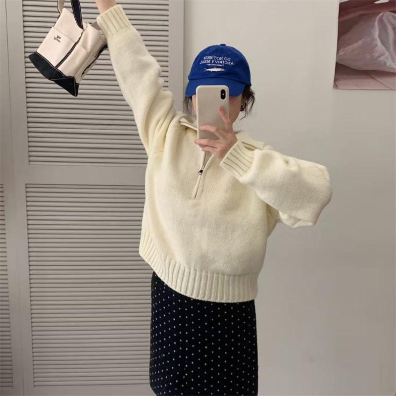 Lapel Half-zipper Short Pullover Sweater Women's Autumn and Winter New Thick Shoulder-plugged Long-sleeved Solid-color Casual Knitted Top